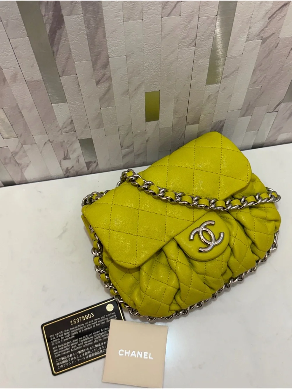 💛CHANEL Washed Acid Yellow Lambskin Quilted Mini Chain Around Flap Bag